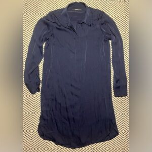 Quince Washable Silk Mini Shirt Dress Navy Button Down